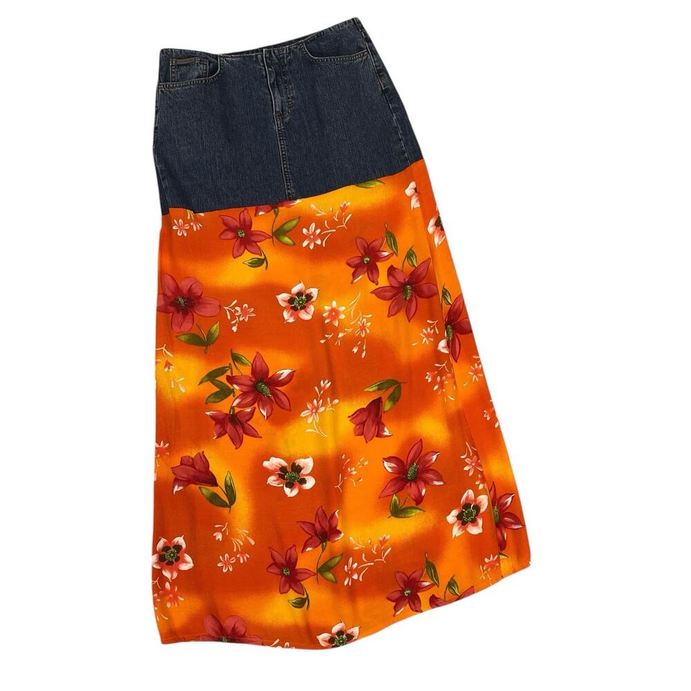 CK One Jean Skirt Floral Zip Fly Vintage Orange Hibiscus Maxi 28
